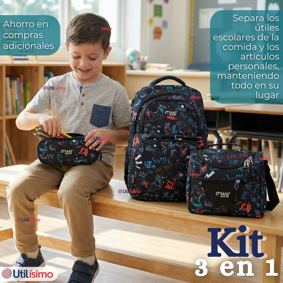 Mochila Escolar + Estuche + Lonchera 45cm Tela Oxford Estampado Gamer Niño
