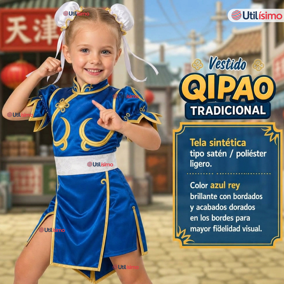 Disfraz Chun-Li Azul Completo Street Fighter Cosplay NIña