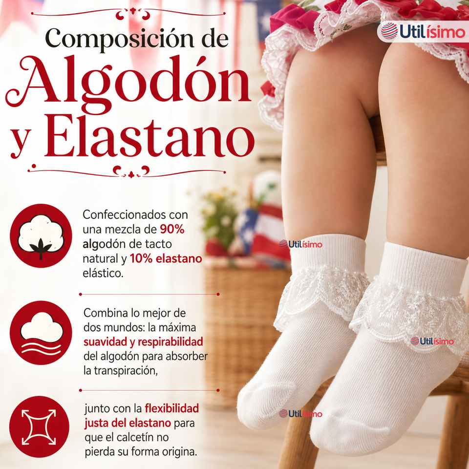 1 Par Calcetines Encaje Vuelos Bebé Algodón Fiestas Patrias Infantil