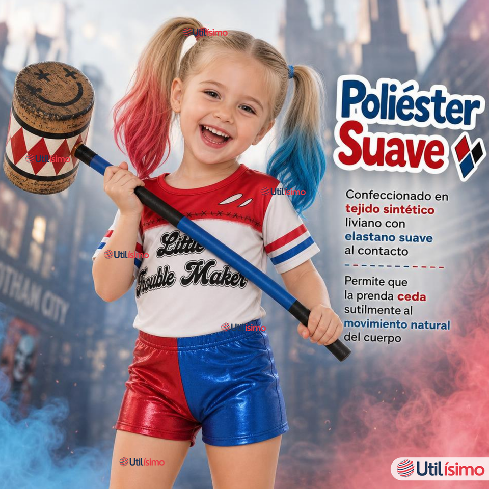 Disfraz Harley Quinn Azul y Rojo Metalizado Cosplay Niña
