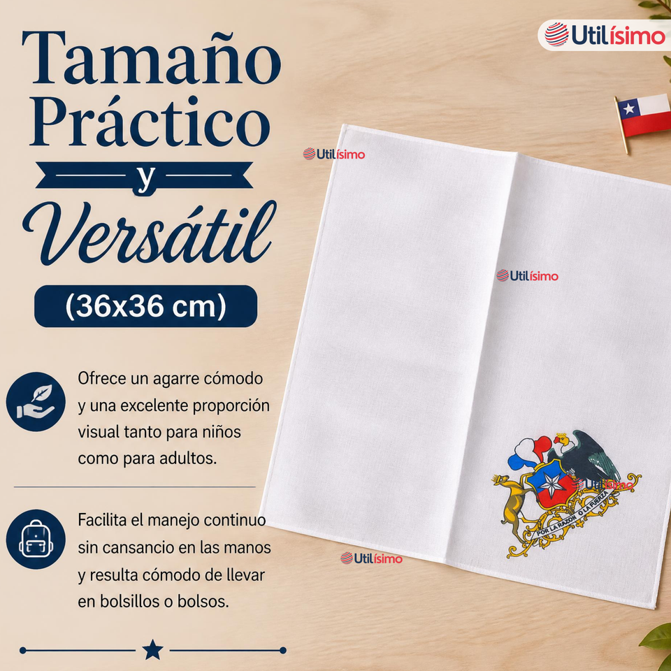 Pack 6 Pañuelos Baile Cueca 36cm Bordado Escudo Chileno Algodón Fiestas Patrias