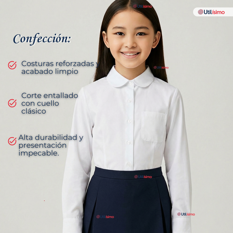 Camisa Blusa Escolar Blanca Manga Larga Colegio Para Niñas