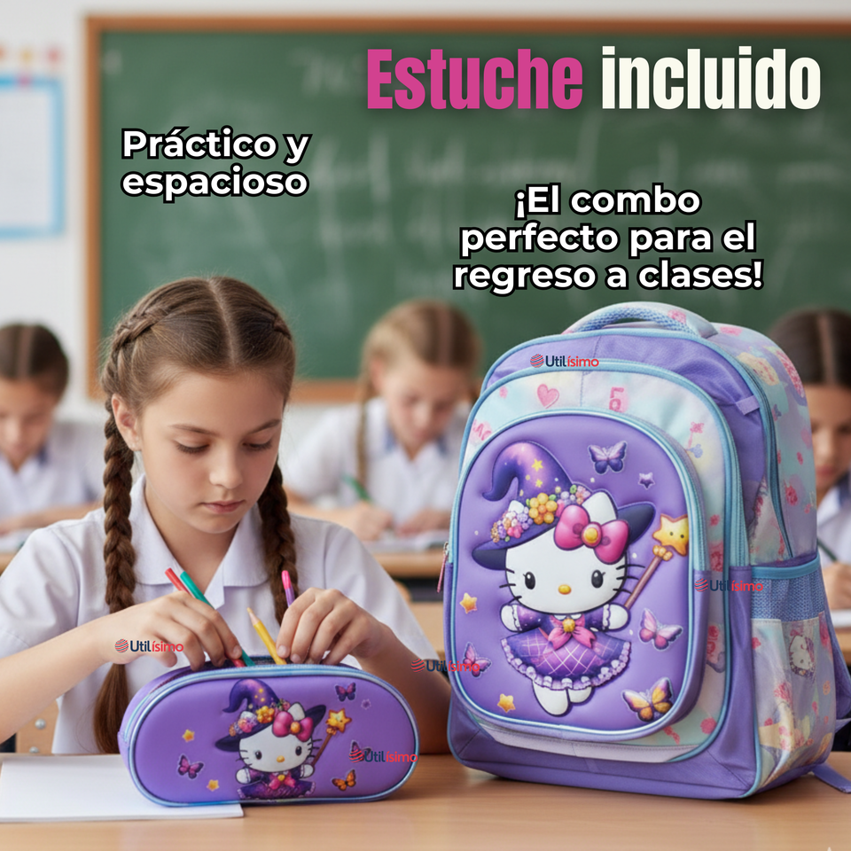 Mochila Hello Kitty Escolar Con Ruedas + Estuche + Lonchera Desmontable Poliéster Lila Niña