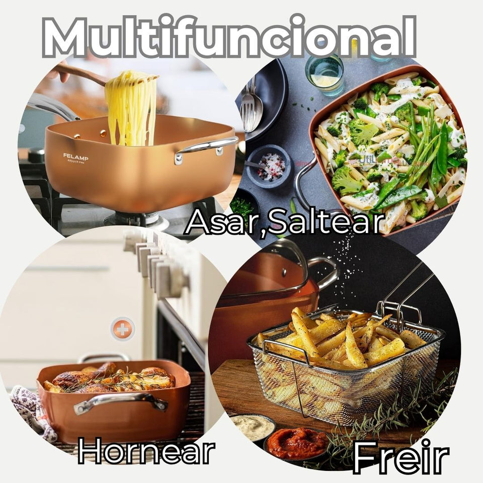 Sartén Antiadherente De Cobre Multiuso 3 en 1 Cesta Para Freír Vaporera