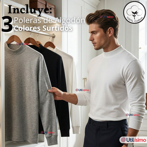 Pack 3 Camisetas Poleras Algodón Primera Capa Cuello Beatle Manga Larga Colores Surtidos Hombre