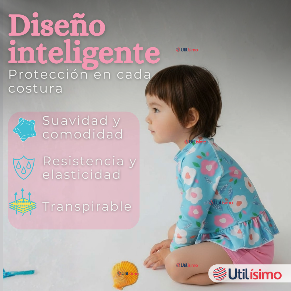 Traje De Baño Manga Larga y Pantalón Corto 2 Piezas Niña de 2 a 7 años Flowers