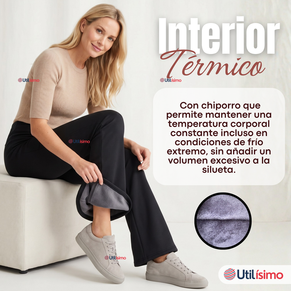 Calza Polar Con Chiporro Palazzo Mujer Elasticada Térmica Negra