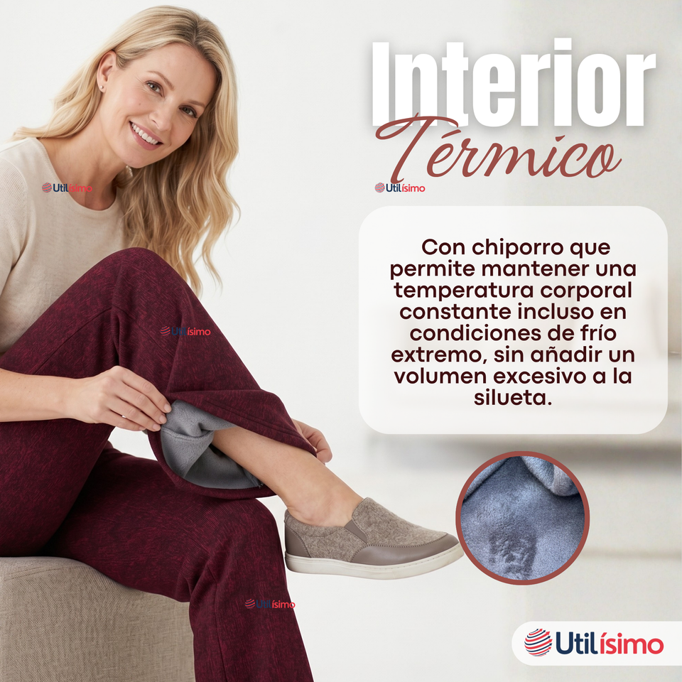 Calza Polar Con Chiporro Palazzo Mujer Elasticada Térmica Burdeo Jeans