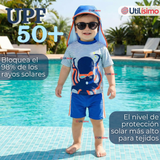 Traje de Baño Con Gorro Pantalón Corto Manga Corta 3 Piezas Corte Split Niño 1 a 5 años Blue Octopus