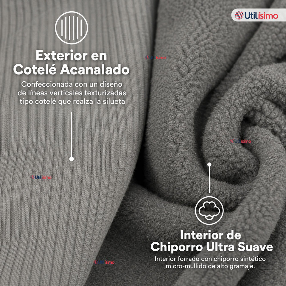 Calza Acanalada Cotelé Polar Con Chiporro Térmica Mujer Elásticada Gris Melange