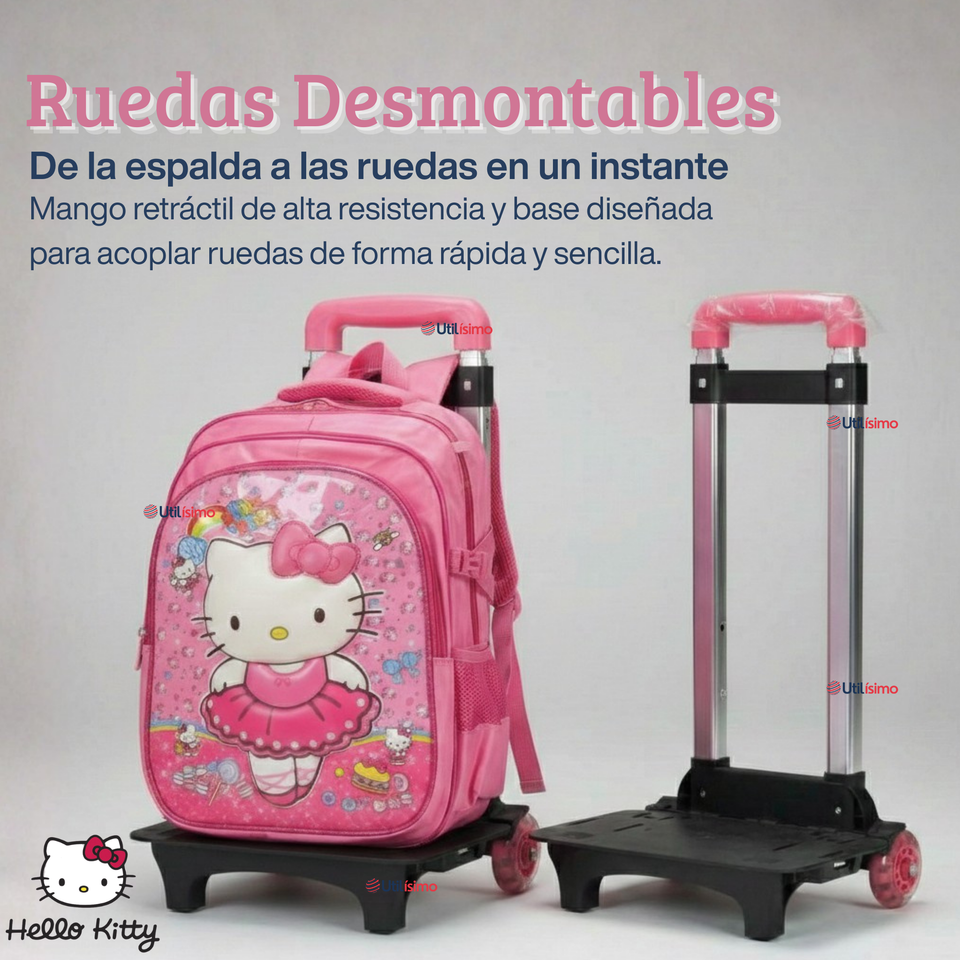 Mochila Escolar Hello Kitty Bailarina Con Ruedas Desmontables + Estuche + Lonchera Niña Poliéster