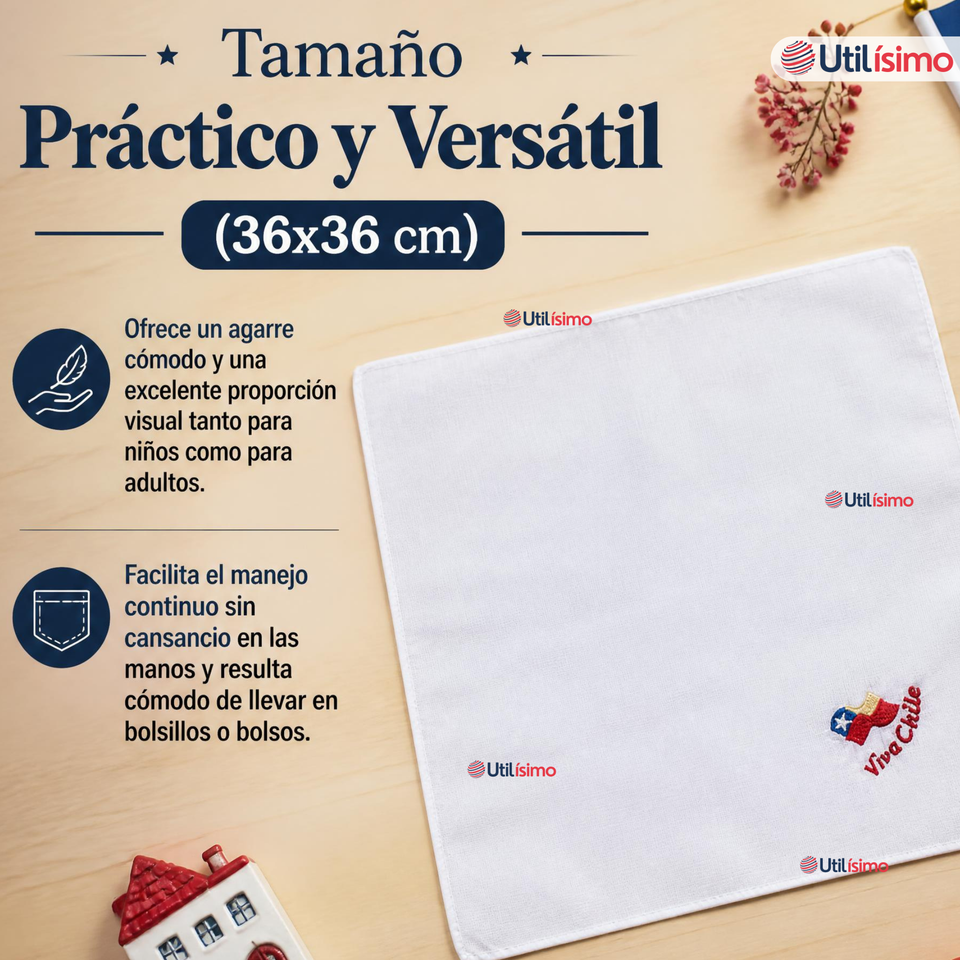 Pañuelo Baile Cueca 36cm Bordado Bandera de Chile Algodón Fiestas Patrias