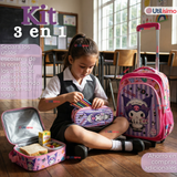 Mochila Escolar Kuromi 3D Con Ruedas Desmontable + Estuche + Lonchera Poliéster Morado Niña