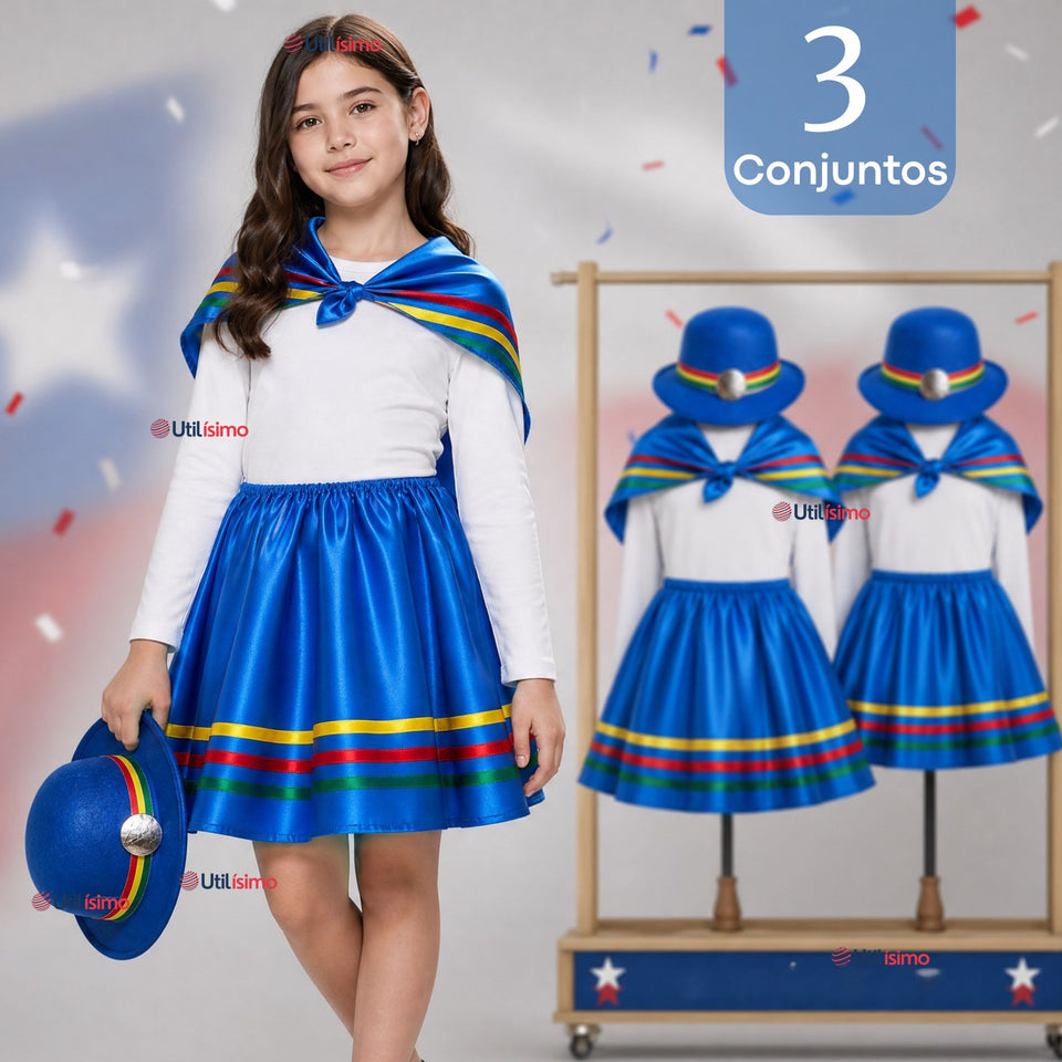 Pack 3 Trajes Nortinos Niña Azul 4 Piezas Con Poleras Baile Típico Fiestas Patrias