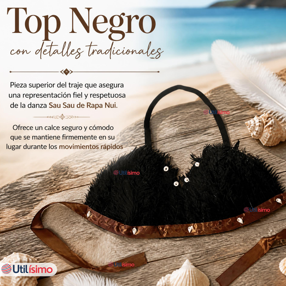 Traje Pascuense Típico Negro Con Plumas 3 Piezas Niña Rapa Nui Fiestas Patrias