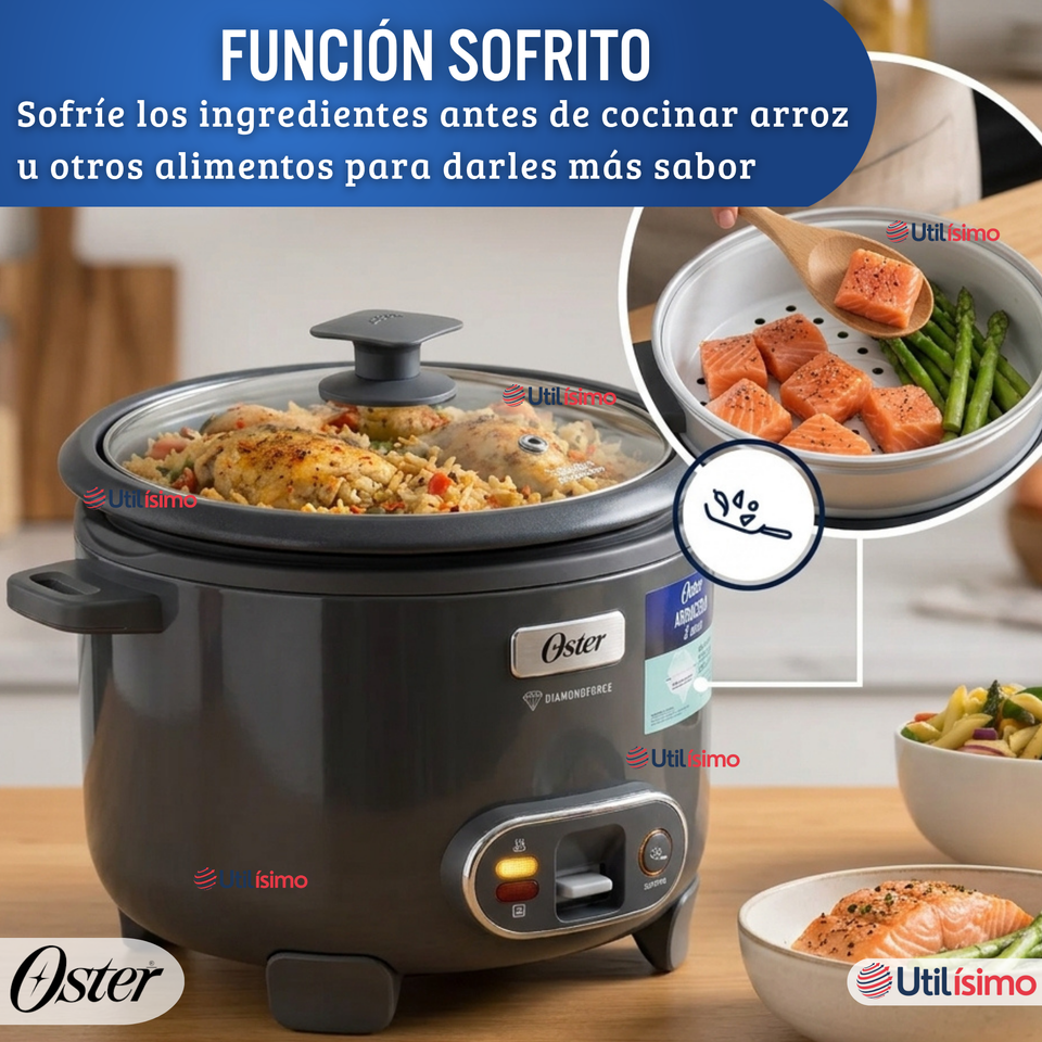 Oster Arrocera, 3 En 1, 12 Tazas Capacidad, Función Sofrito, Vaporera, Recubrimiento Antiadherente Oster DiamondForce,