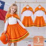Pack 3 Trajes Nortinos Niña Naranja 4 Piezas Con Poleras Baile Típico Fiestas Patrias
