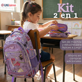 Mochila Escolar Con Estuche 43cm Tela Oxford Lila Niña