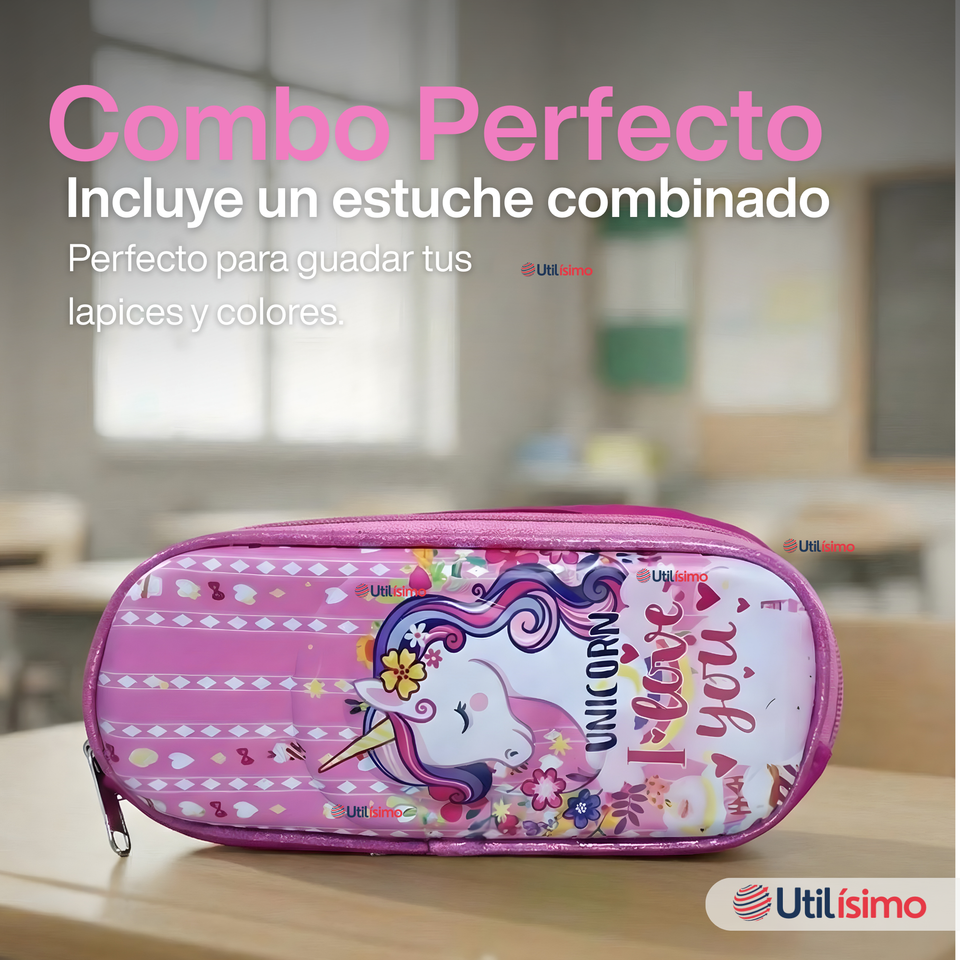 Mochila Bolso Escolar Diseño 3D + Estuche + Lonchera 40Cm Niña Tela Oxford Unicorn Love