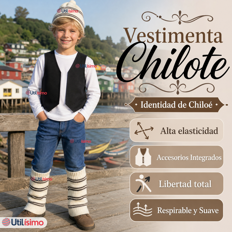Vestimenta Chilote 3 Piezas Chaleco Gorro Polainas Niño Fiestas Patrias