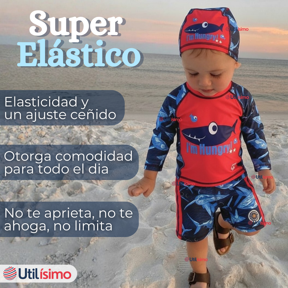 Traje de Baño Con Gorro Pantalón Corto Manga Larga 3 Piezas Corte Split Niño 1 a 5 años Red Whale
