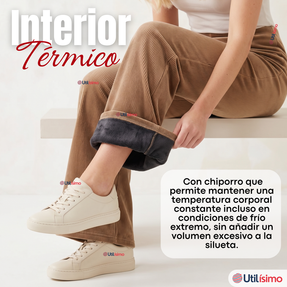 Pantalón Cotelé Palazzo Polar Con Chiporro Elasticado Térmico Café