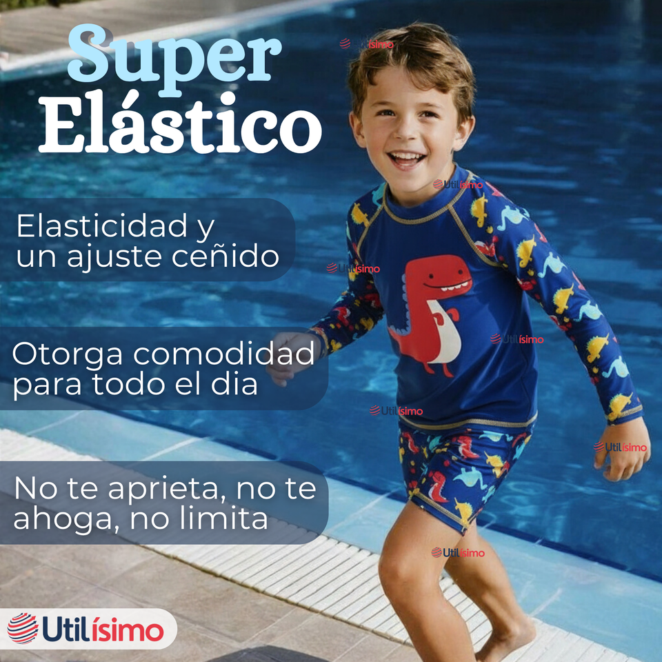 Traje de Baño Manga Larga Pantalón Corto 2 Piezas Corte Split Niño 3 a 9 años Blue Dinosaur