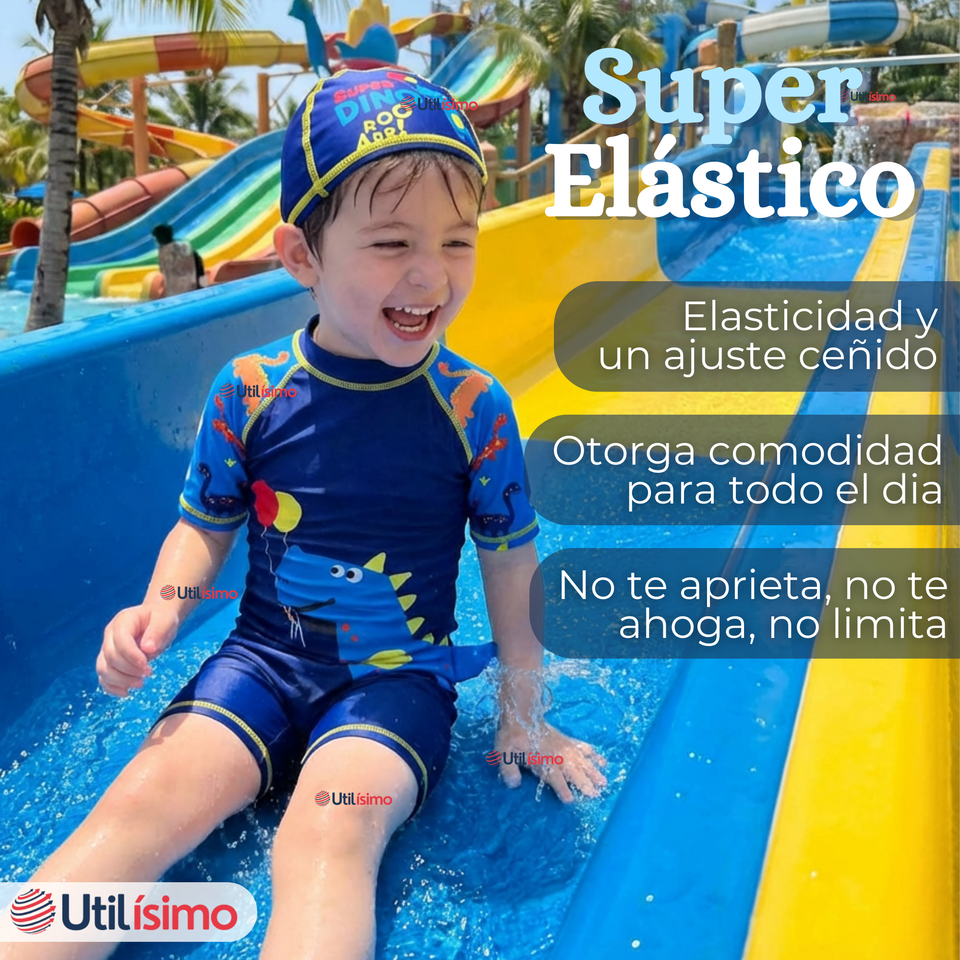 Traje de Baño Enterito Cremallera Manga Corta Con Gorro Niño 2 a 4 años Blue Dinosaur