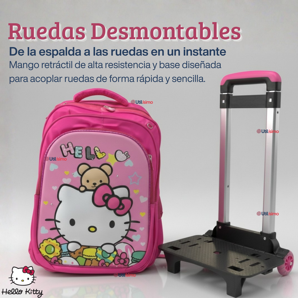 Mochila Escolar Hello Kitty Flowers Con Ruedas Desmontables + Estuche + Lonchera Niña Poliéster