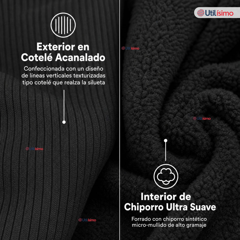 Calza Acanalada Cotelé Polar Con Chiporro Térmica Mujer Elásticada Negra