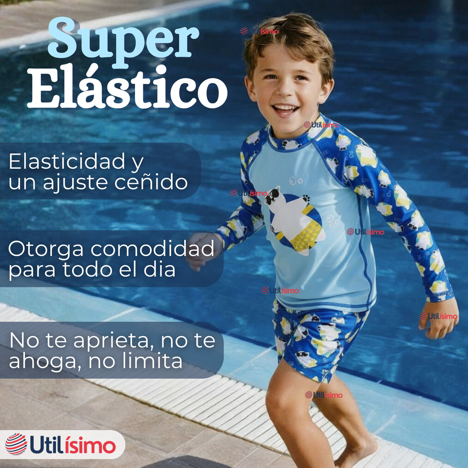 Traje de Baño Manga Larga Pantalón Corto 2 Piezas Corte Split Niño 3 a 9 años Blue Polar Bear