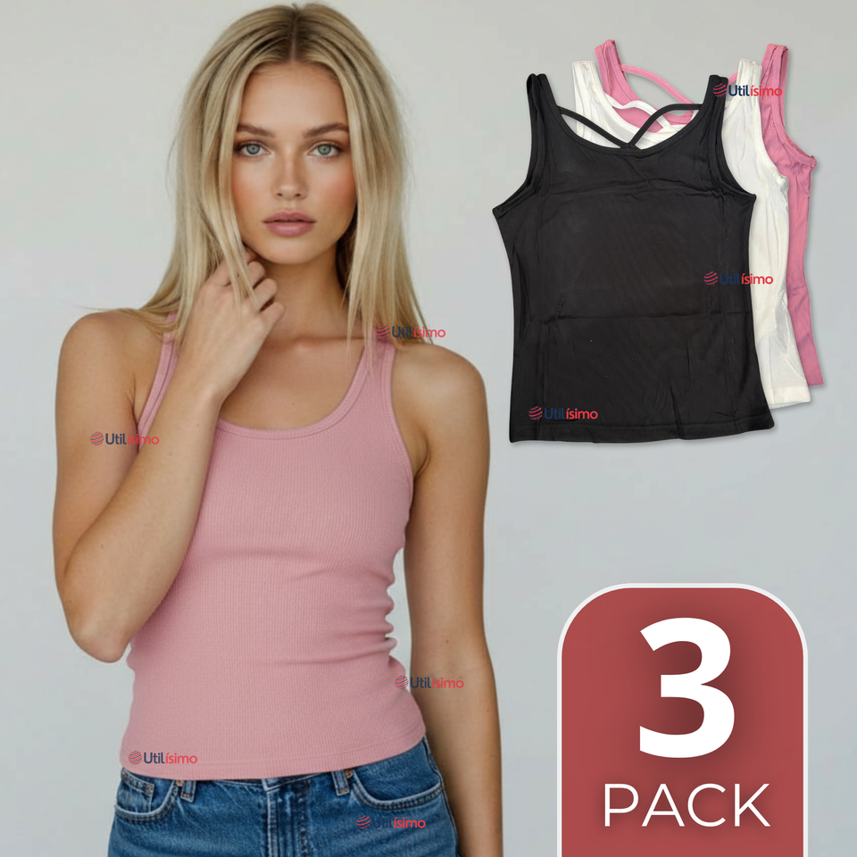 Pack 3 Camisetas Poleras 100% Algodón Básicas Lisa Con Espalda Cruzada Mujer Colores Surtidos Peto