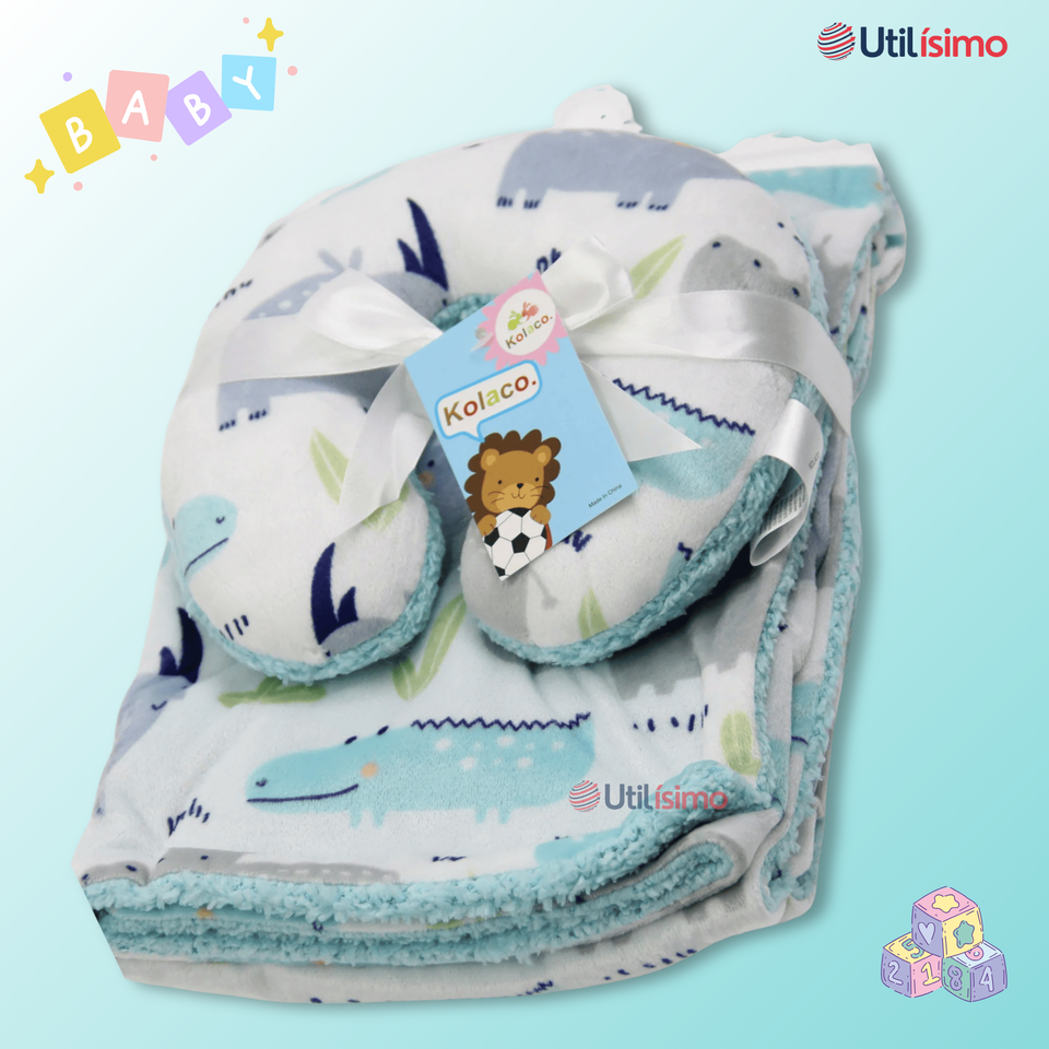 Set Manta Frazada Polar Para Bebé Niño + Cojín Para Cuello
