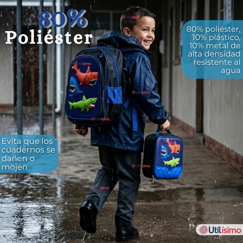 Mochila Escolar Con Ruedas + Estuche + Lonchera 46cm Desmontable Poliéster Azul Tiburón Niño