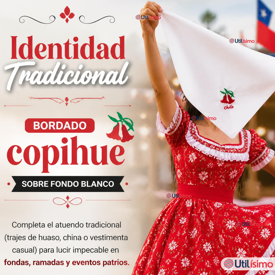 Pack 3 Pañuelos Baile Cueca 36cm Bordado Flor Copihue Algodón Fiestas Patrias