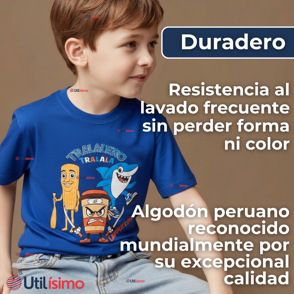 Polera Brainrots 100% Algodón Manga Corta Niño Tralalero Azul