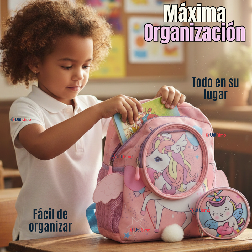 Mochila Escolar Con Estuche 33cm Poliéster Impermeable Unicornio Niña