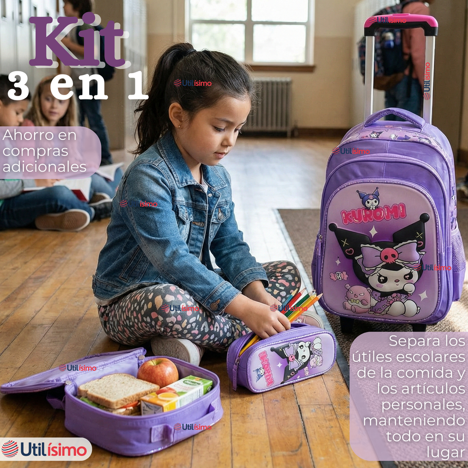 Mochila Escolar Kuromi 3D Con Ruedas Desmontable + Estuche + Lonchera Poliéster Morado Niña