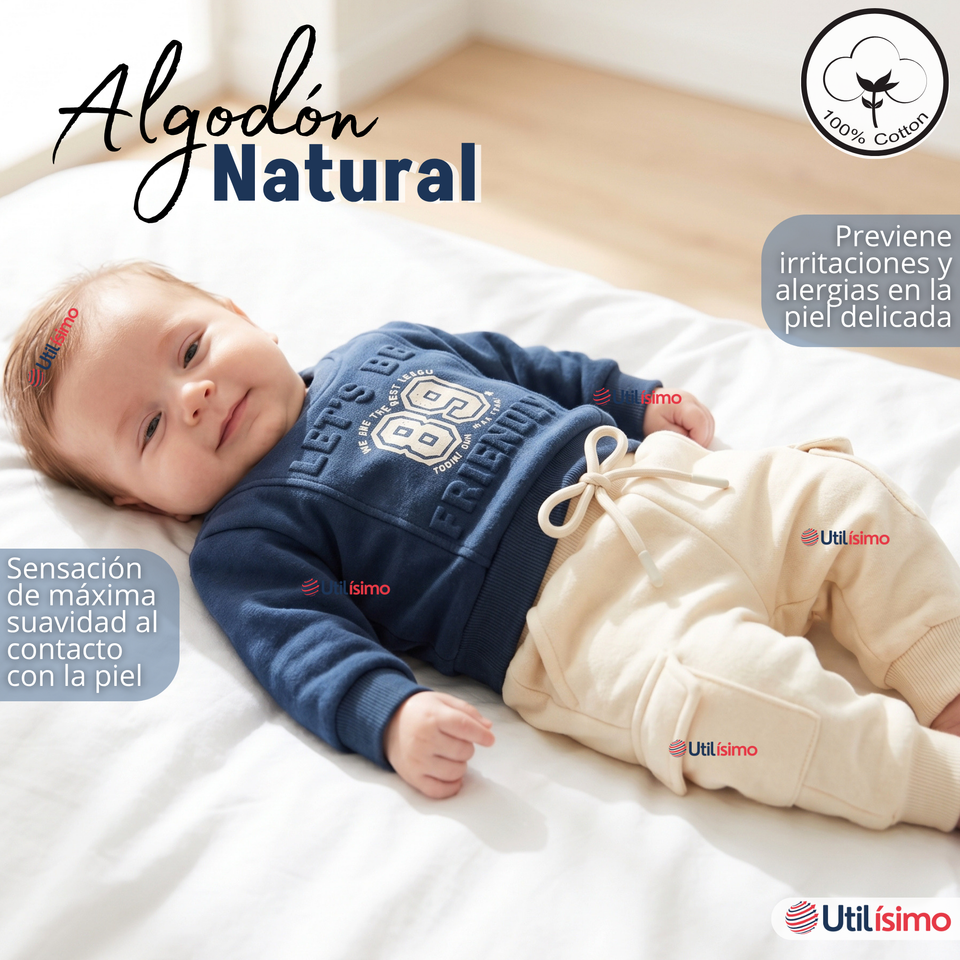 Conjunto 2 Piezas Buzo Pantalón Y Polerón De Algodón Azul Bebé Niño