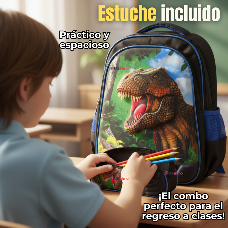 Mochila Escolar Con Ruedas + Estuche + Lonchera Poliéster Dinosaurio Niño