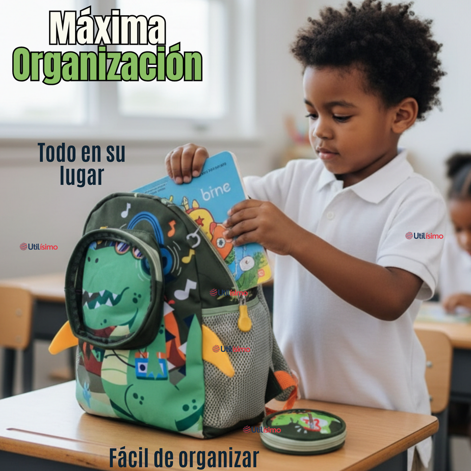 Mochila Escolar Con Estuche 33cm Poliéster Impermeable Dinosaurio Niño