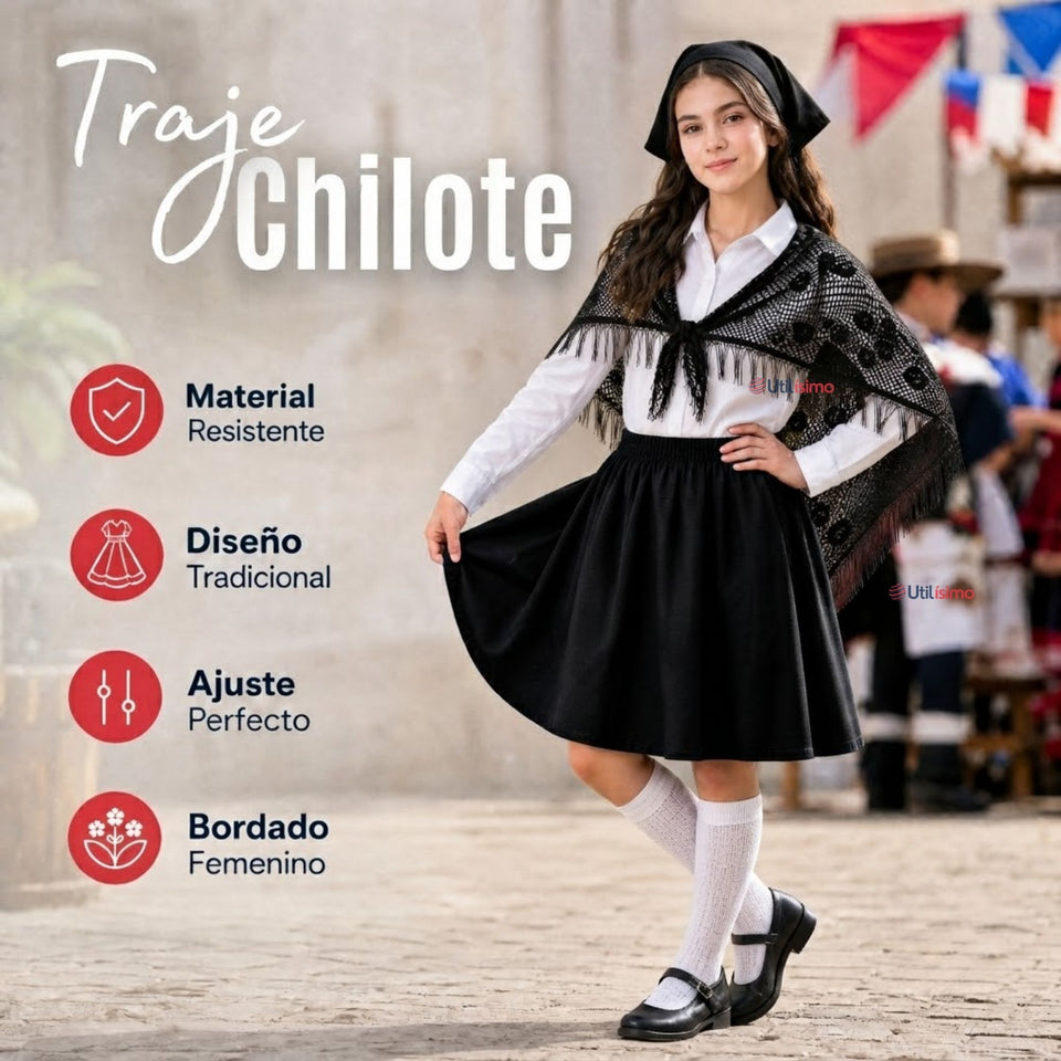 Traje Chilote Niña Negro Fiestas Patrias Con Camisa 4 Piezas Tradicional Chilota