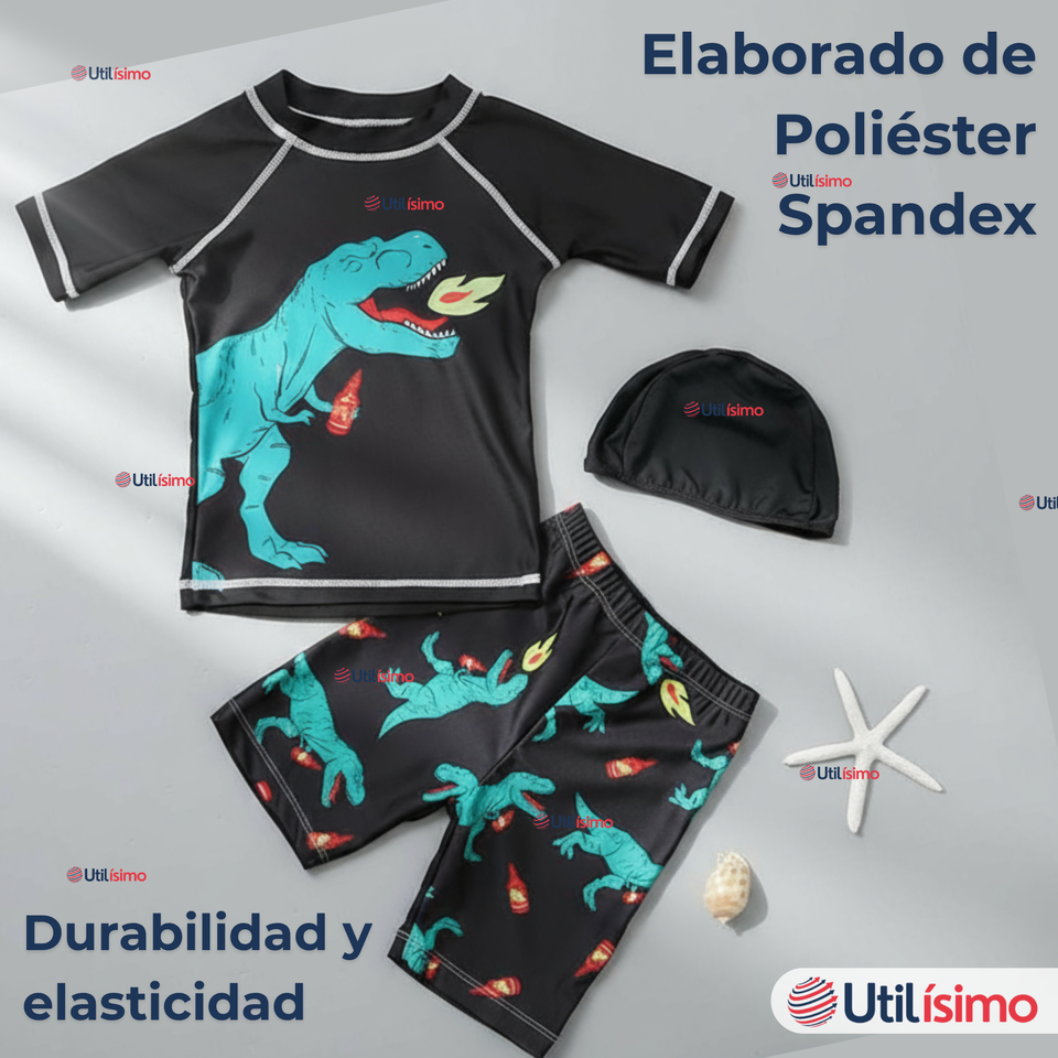Traje De Baño Con Gorro Polera Pantalón Corto 3 piezas Corte Split Niño de 3 a 9 Años Dino