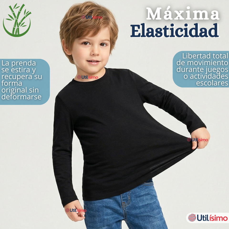 Pack 3 Poleras Camisetas Bambú Negra Cuello Redondo Primera Capa Manga Larga Niño