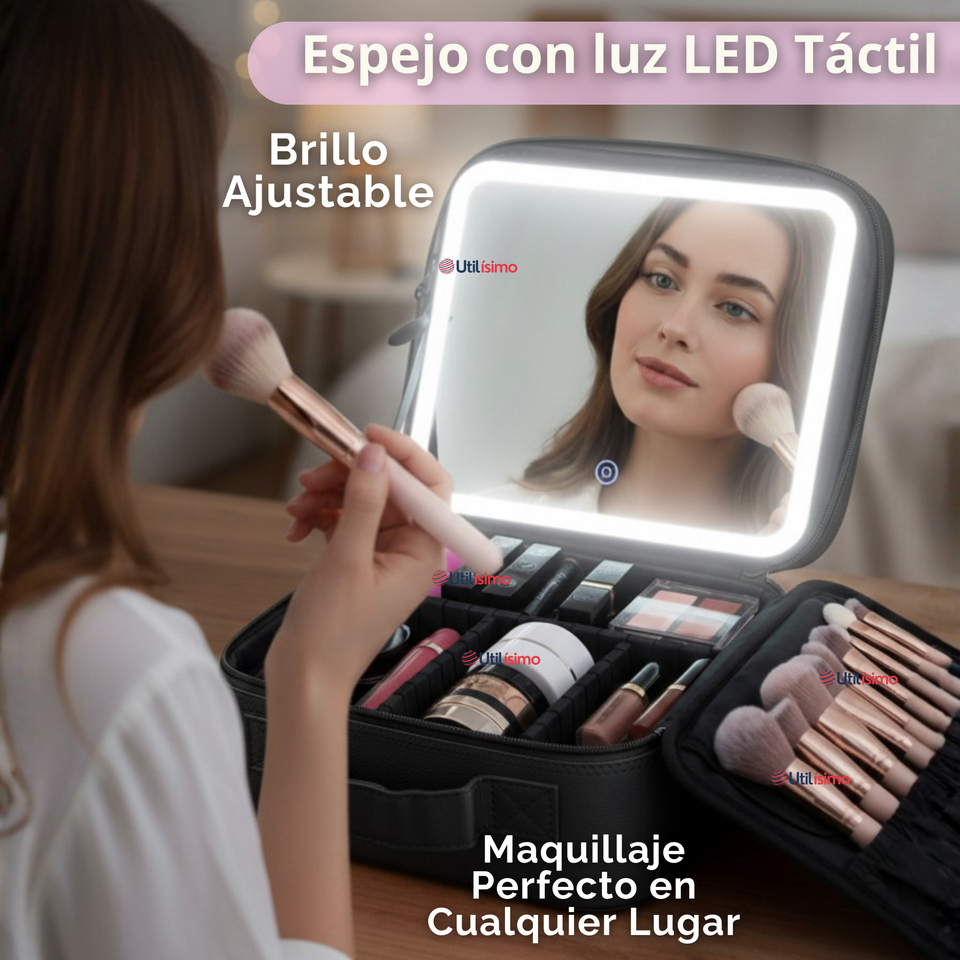 Estuche Maquillaje 2 en 1 Bolso Cosmetiquero Espejo Con Luz Led Organizador