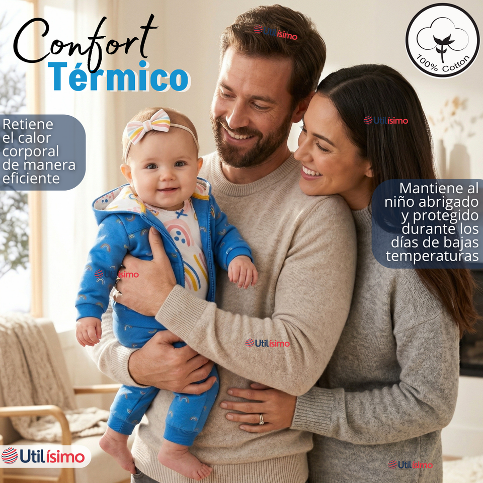 Conjunto 3 Piezas Buzo Pantalón Polerón Body De Algodón Azul Arcoiris Bebé Niña