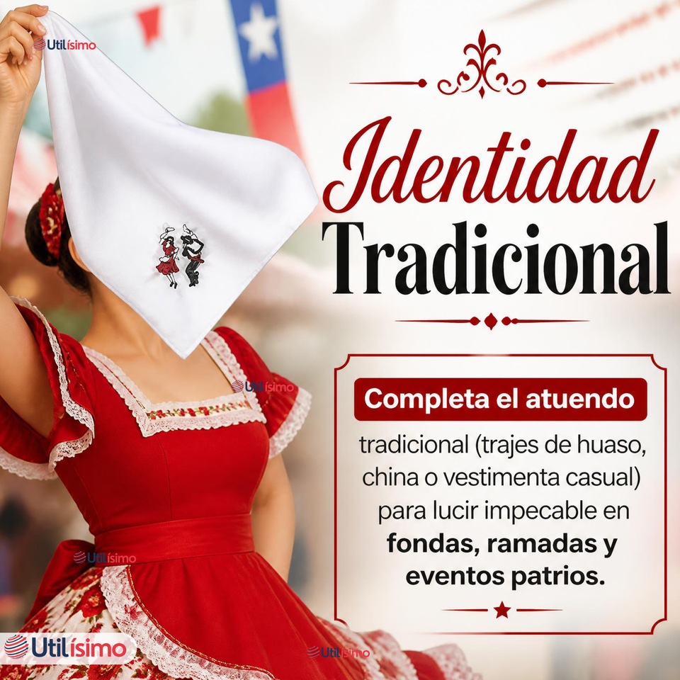 Pack 6 Pañuelos Baile Cueca 36cm Bordado Pareja Bailando Algodón Fiestas Patrias