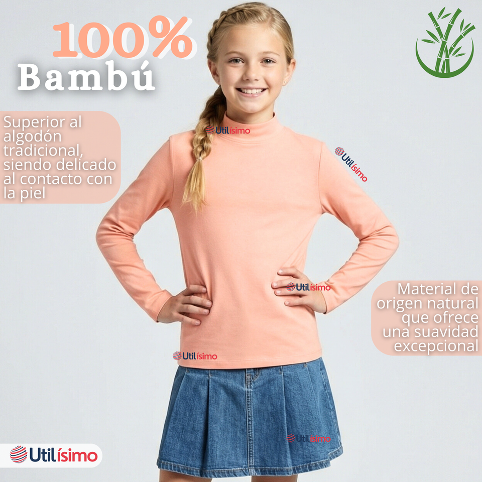 Pack 3 Poleras Camisetas Bambú Salmón Cuello Beatle Primera Capa  Manga Larga Niña