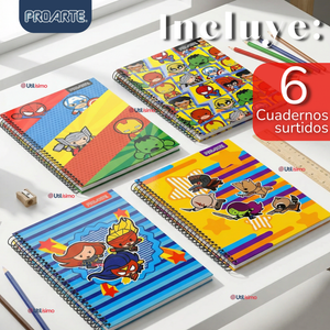Pack 6 Cuadernos Universitario Marvel Heroes Kawaii 150 Hojas Tapa Gruesa Proarte Diseño Surtido