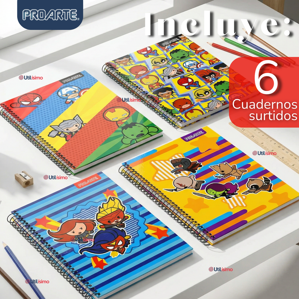 Pack 6 Cuadernos Universitario Marvel Heroes Kawaii 150 Hojas Tapa Gruesa Proarte Diseño Surtido